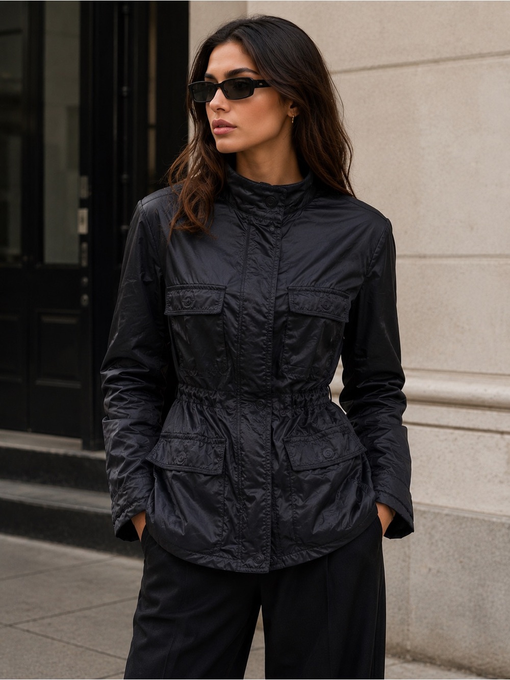 Versace Sport ($700) Vintage Black Utility Jacket Cinched Lightweight Sz S AS IS